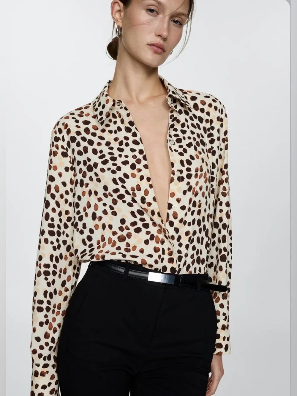 Maison d'Amelie Cream Brown Animal Dot Print Button Up Long Sleeve Blouse NEW